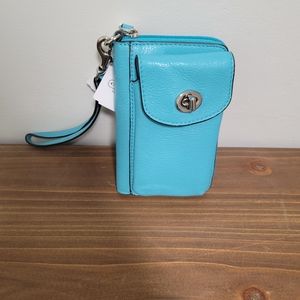 Coach zip around cellphone wallet in turquoise